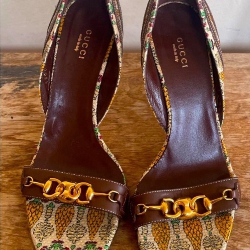 Gucci Brown and Gold High Heel Pumps